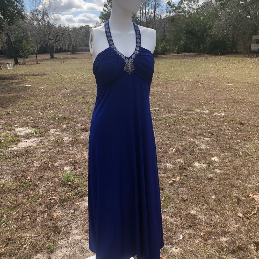Long Navy Blue Halter Gown Dress S L Silver Glass Bead Trim